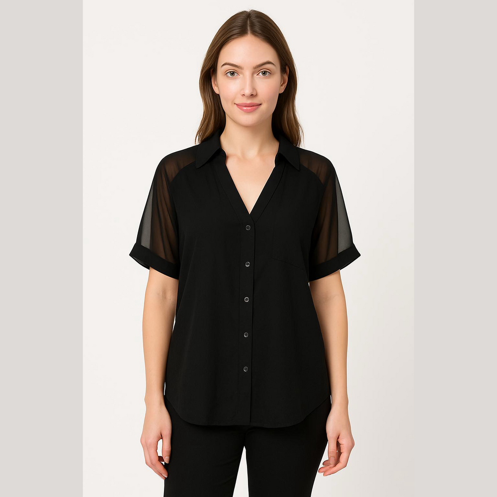 24. Express Women's Classic Black Button-Down Shirt with Sheer Shoulders